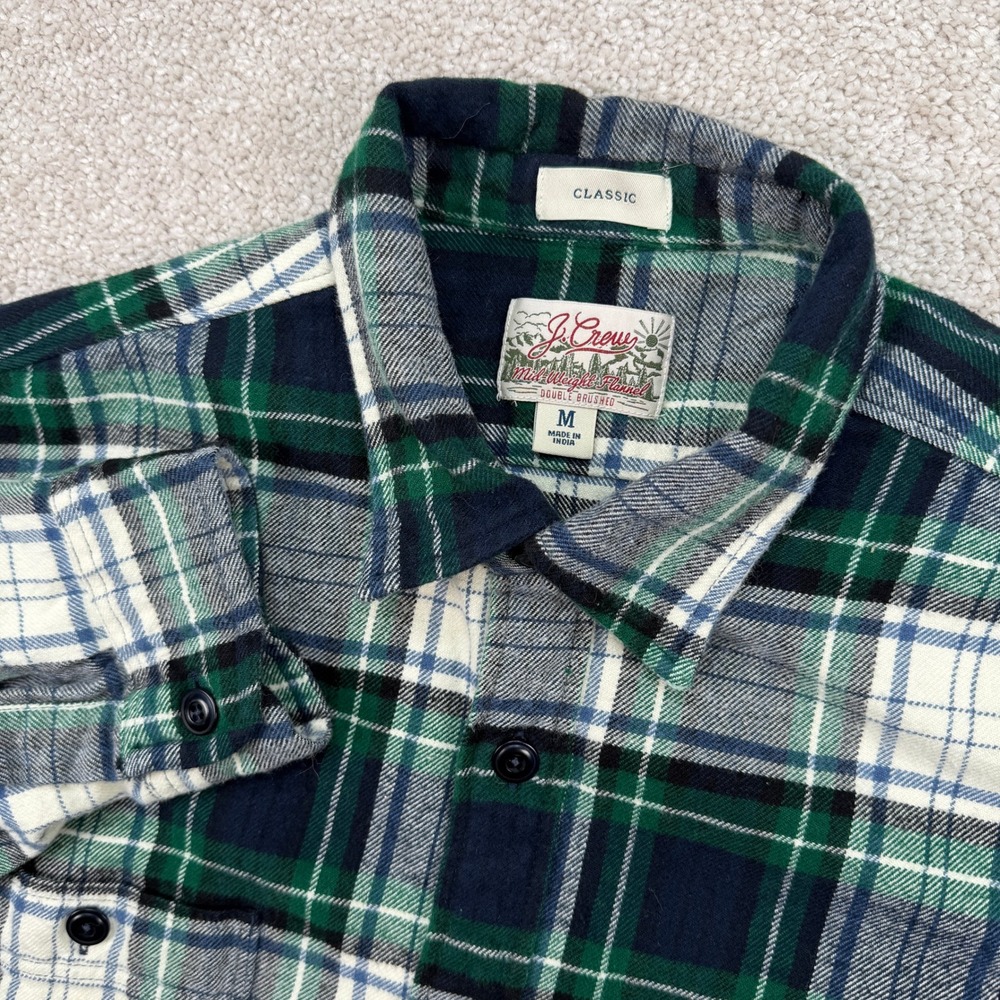 J.Crew Mens M Flannel Shirt Green Navy Plaid Mid-Weight Double Brushed Classic
